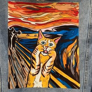 Impulsive Designs, custom fleece lined, denim jacket (S), funny cat ‘The Scream’